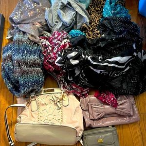 Various scarves, guess purse, fossil wallet, and maurices clutch
